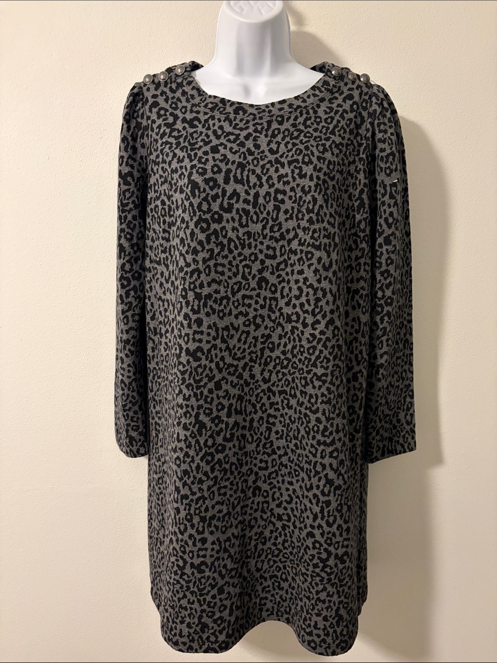 LOFT Grey and Black Leopard Print Long Sleeve Shift Dress